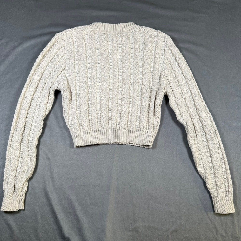 Love Tree W9092 Womens Size M Cream Beige Cable Knit Cropped V-Neck Sweater - Picture 3 of 7